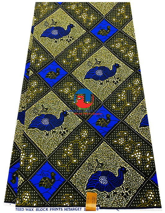 Veritable Wax Block Print Hi-Target- Peachicks- Royal-Blue, White, Olive-Green, Black