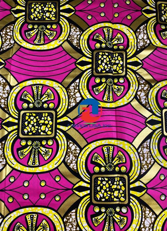 Metallic Gold Veritable Super Wax Print-Gold, Pink, Yellow, Whgite, Black, Olive