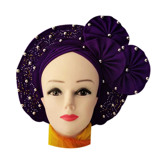 Auto Gele Nigeria Headtie African  Head Wraps Gele with Shoulder  Shawl/ Strap with Stones - For all Occasions