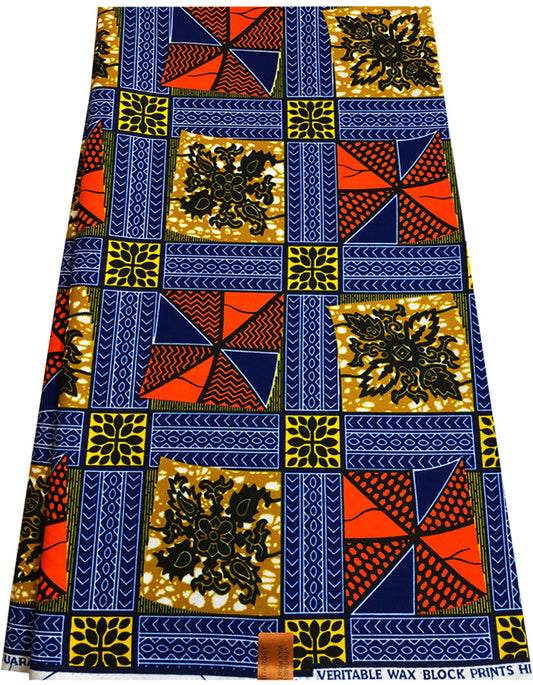 Traditional Design African wax Prints Fabrics- Navy-Blue, Orange, Yellow, Black, White, Golden-Brown