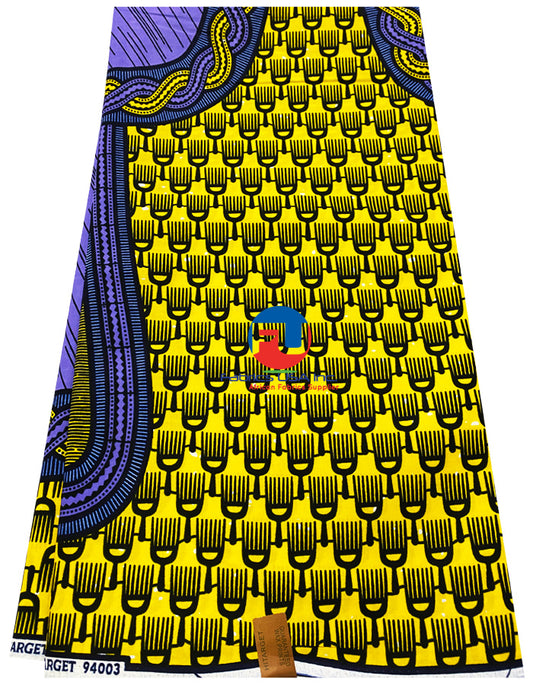 Veritable Wax Block Print Hi-Target- Mirror/Comb Pattern- Yellow, Lilac, Dark-Blue, White, Black