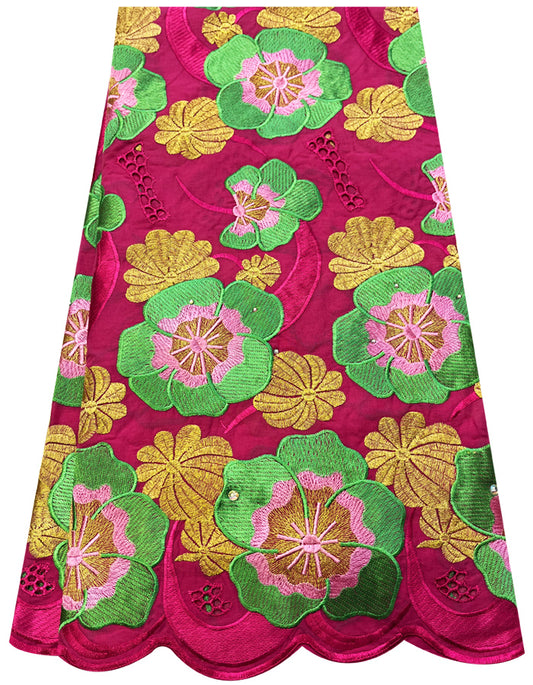 Embroidery Swiss Voile Lace with Stone- Fuchsia Apple Green Gold Pink