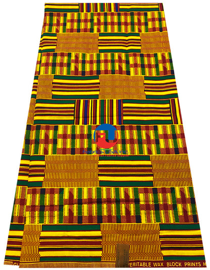 African Kente Fabric Print, Yellow-Gold, Red, Green