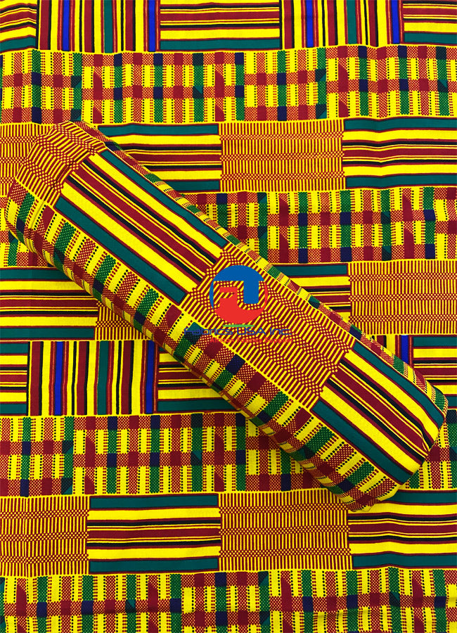 African Kente Fabric Print, Yellow-Gold, Red, Green
