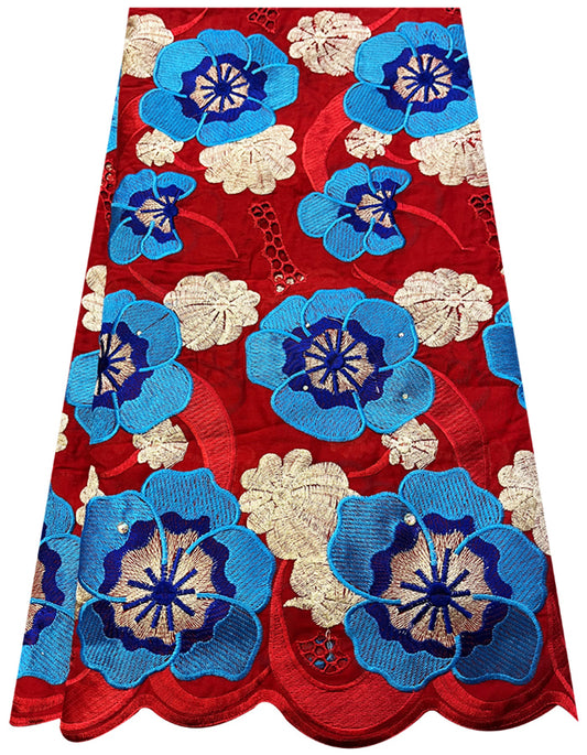 Embroidery Swiss Voile Lace with Stone-Red Azure Blue Sky Blue Peach