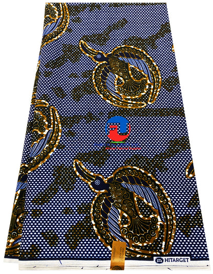 African Wax Print Fabric-in Classic Design  Brown Navy-Blue White Black
