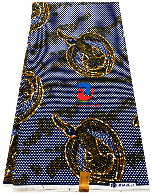African Wax Print Fabric-in Classic Design  Brown Navy-Blue White Black