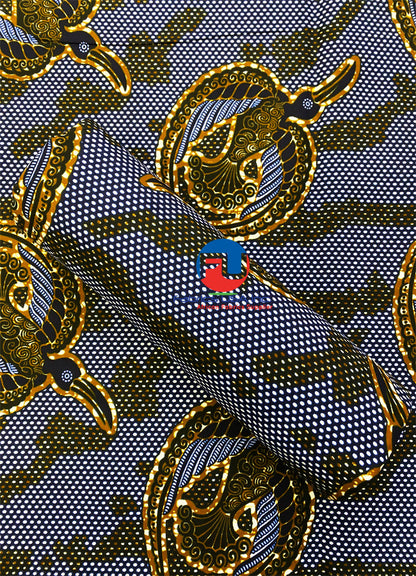 African Wax Print Fabric-in Classic Design  Brown Navy-Blue White Black