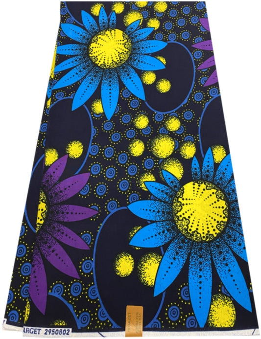 Cotton Ankara Floral  Wax African - Purple, Blue, Yellow