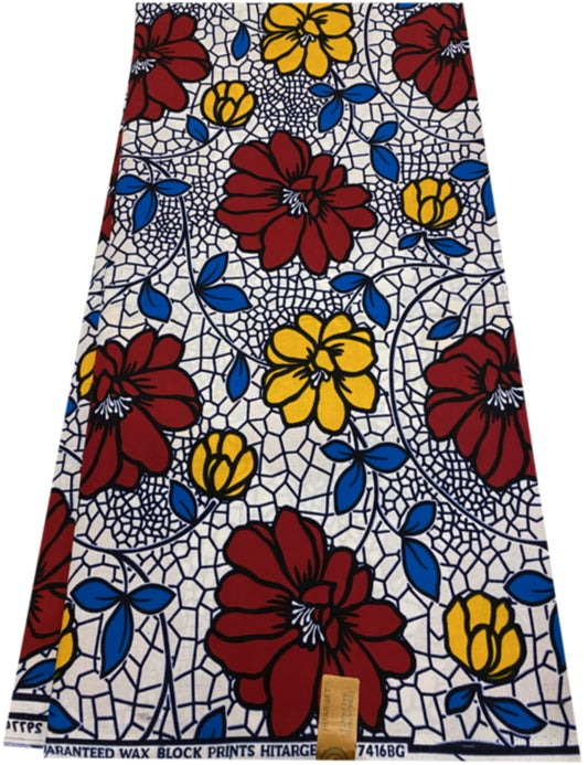 African Floral Wax Print- Red, Yellow, White, Blue