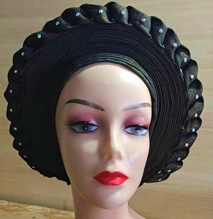 BLACK  - Auto Gele Nigeria Headtie African  Head Wraps Gele with Shoulder  Shawl/ Strap with Stones - For all Occasions-