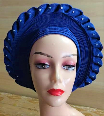 BLUE - Auto Gele Nigeria Headtie African  Head Wraps Gele with Shoulder  Shawl/ Strap with Stones - For all Occasions-