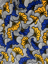 Load image into Gallery viewer, Beautiful Design African Print in Spandex Fabric- White, Yellow, Royal Blue, Black
