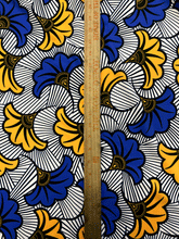 Load image into Gallery viewer, Beautiful Design African Print in Spandex Fabric- White, Yellow, Royal Blue, Black
