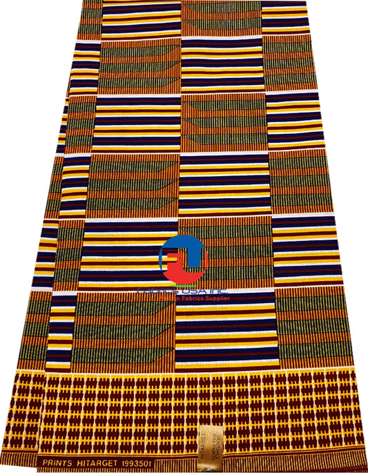African Kente Fabric;- Dark-blue, White,Yellow, Red-Orange,