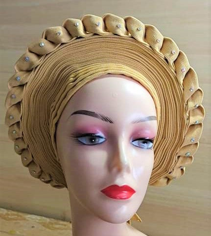 GOLD - Auto Gele Nigeria Headtie African  Head Wraps Gele with Shoulder  Shawl/ Strap with Stones - For all Occasions-