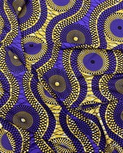 Load image into Gallery viewer, African Print Fabric  in Nylon Spandex 4 Way Stretch  Fabric - Purple, Gold, Off-White
