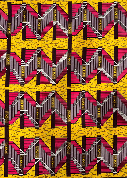 African Kente Prints in Authentic Design- Staircase Design- Pink, Chocolate Brown, Yellow, White