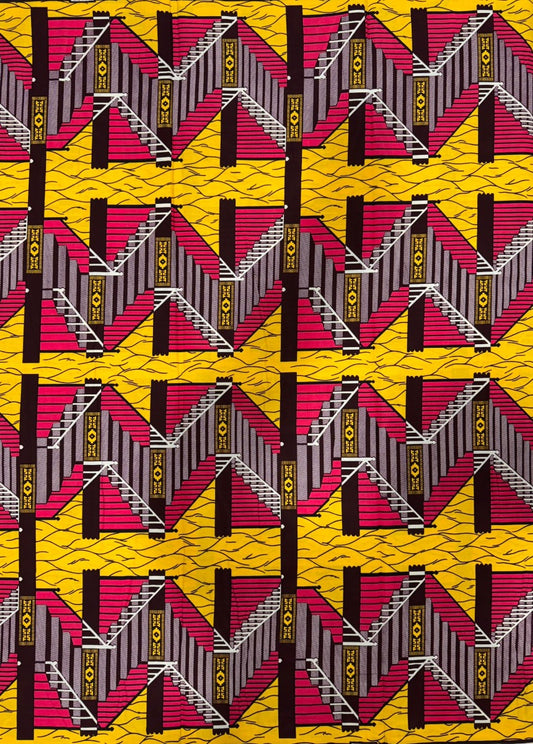 African Kente Prints in Authentic Design- Staircase Design- Pink, Chocolate Brown, Yellow, White