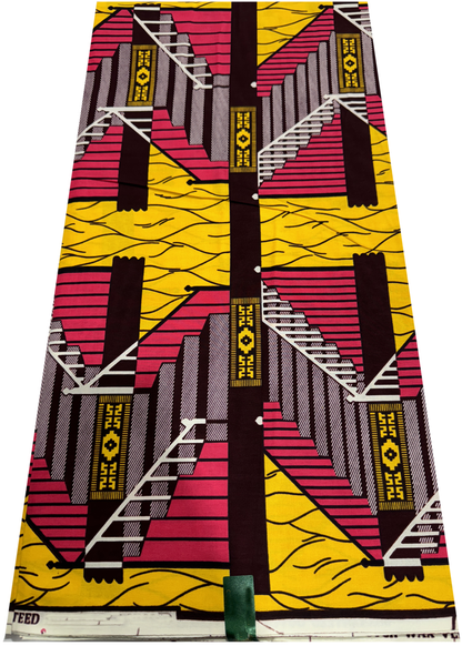 African Kente Prints in Authentic Design- Staircase Design- Pink, Chocolate Brown, Yellow, White
