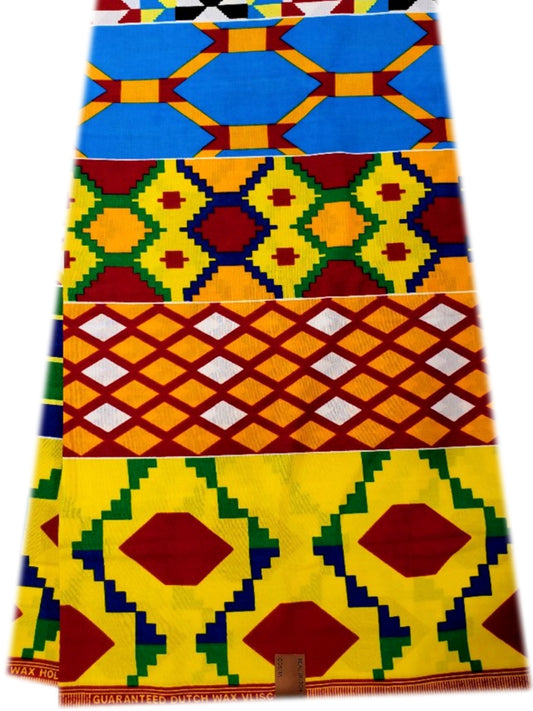 African Kente Prints in Authentic Design-Yellow,Green,White,Blue