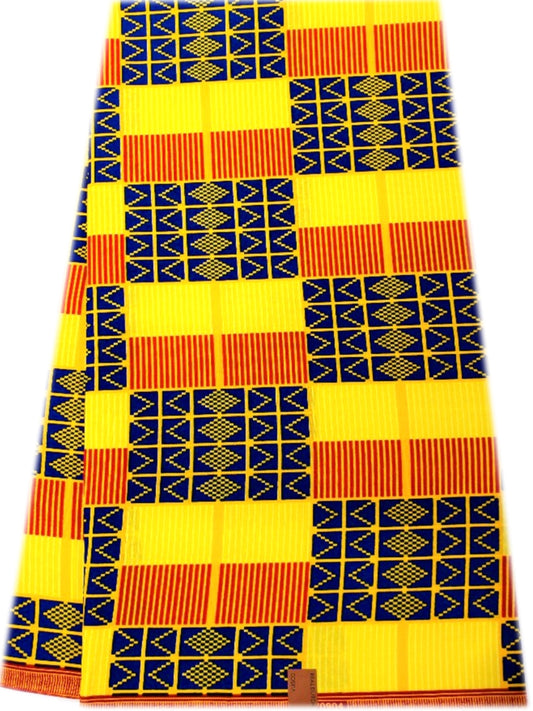 African Kente Prints in Authentic Design- ,Blue,,Yellow-gold, Red-Orange