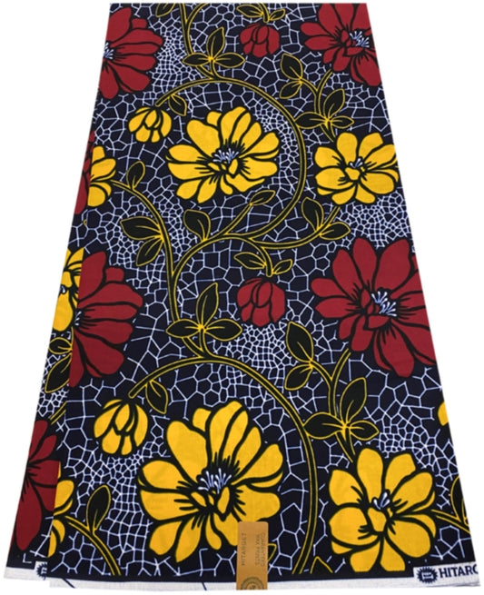 African Floral Wax Print- Red, Yellow, White, Blue