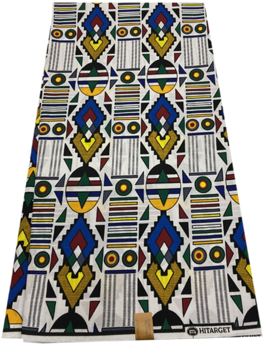 African Fabric Samakaka Angola Tribunal Wax Print- White, Yellow, Blue, Red