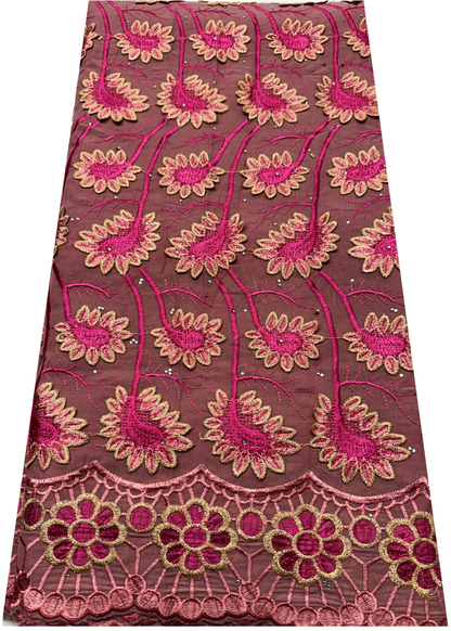 High End Super Quality Swiss Voile Lace-Pink, Light-Pink ,  Metallic Thread Gold- 3D