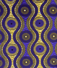 Load image into Gallery viewer, African Print Fabric  in Nylon Spandex 4 Way Stretch  Fabric - Purple, Gold, Off-White
