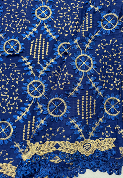 Swiss Voile Lace/ Royal Blue and Gold Swiss Lace/ Nigerian Lace Fabric/ 100% Cotton Lace for Wedding