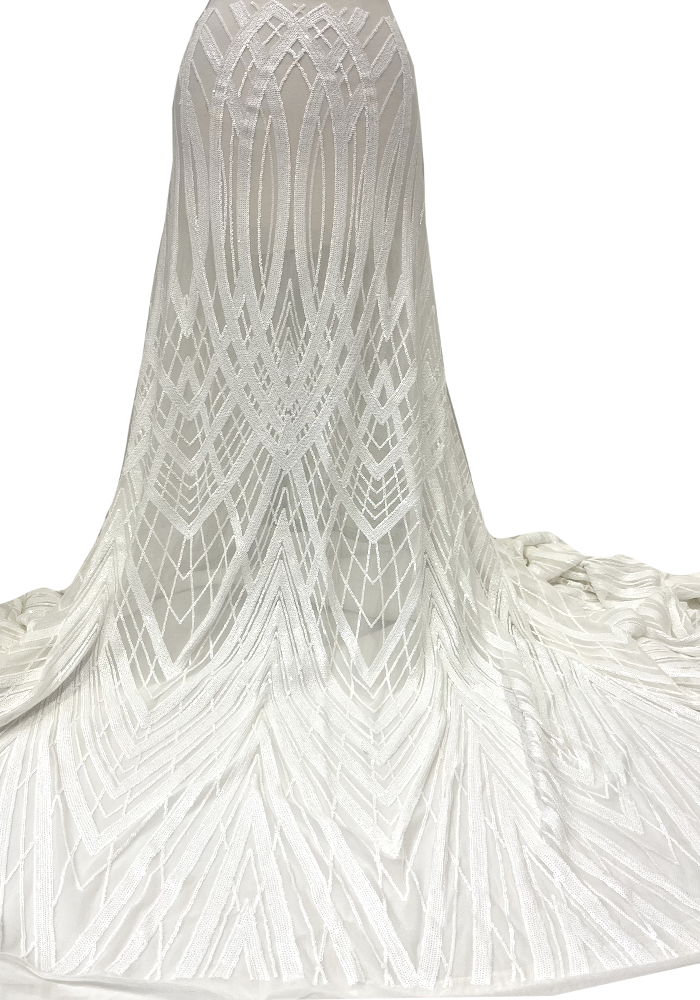 New Design White Sequin on Sheer White Stretch Mesh