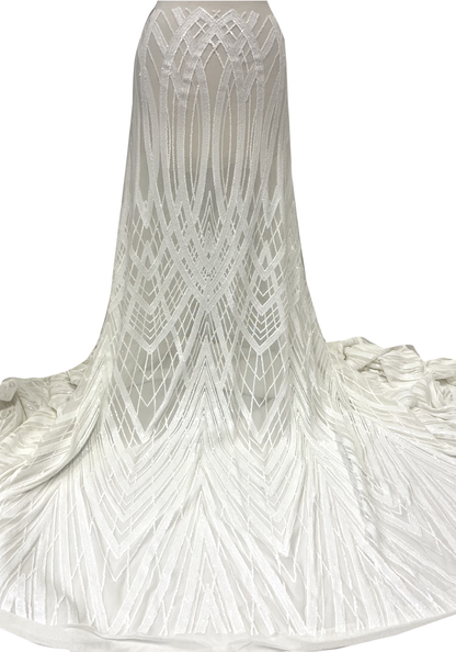 New Design White Sequin on Sheer White Stretch Mesh