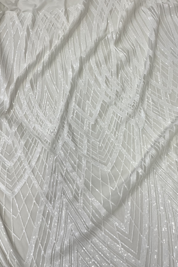 New Design White Sequin on Sheer White Stretch Mesh