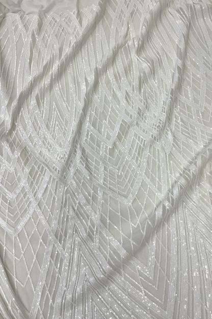 New Design White Sequin on Sheer White Stretch Mesh