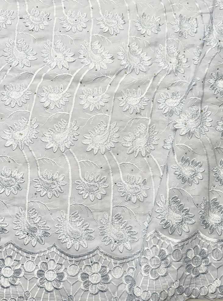 High End Super Quality 3D Swiss Voile Lace- White with tiny Stone