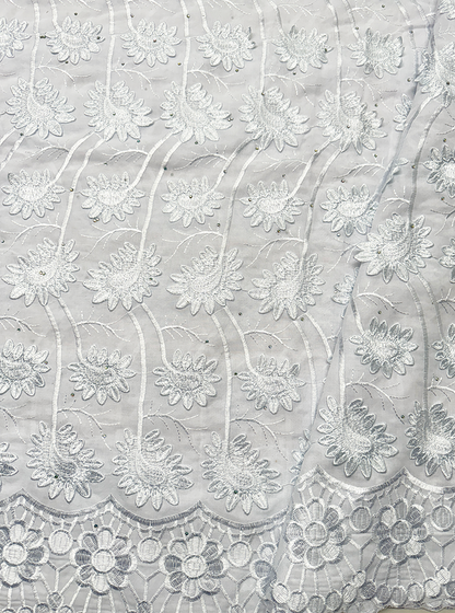 High End Super Quality 3D Swiss Voile Lace- White with tiny Stone