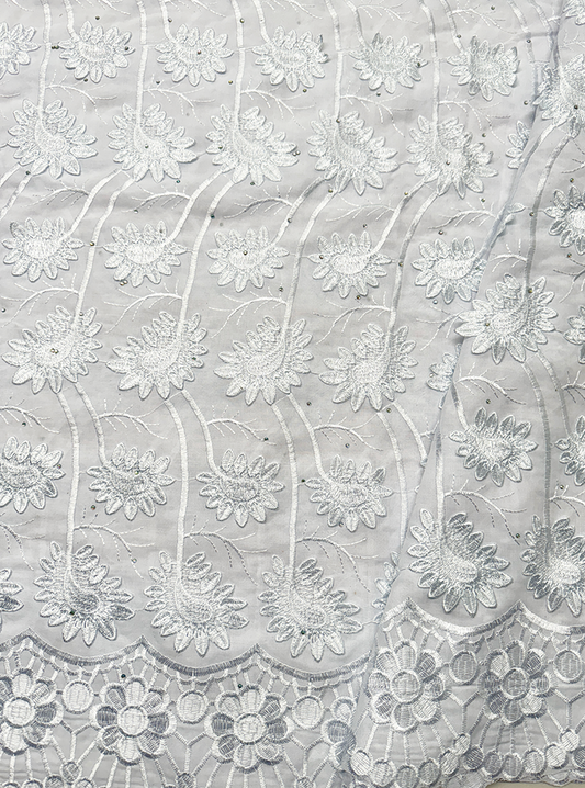 High End Super Quality 3D Swiss Voile Lace- White with tiny Stone