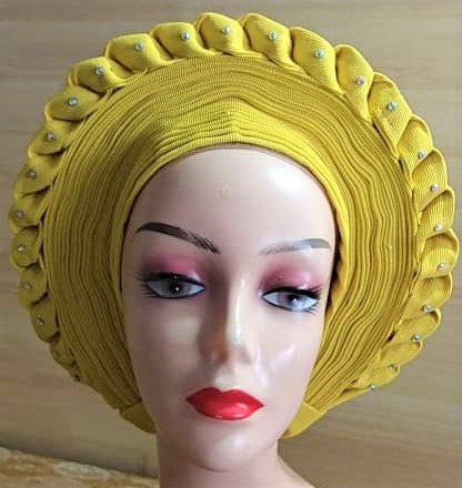YELLOW- Auto Gele Nigeria Headtie African  Head Wraps Gele with Shoulder  Shawl/ Strap with Stones - For all Occasions-