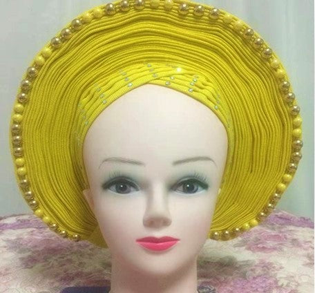 YELLOW-GOLD with Gold/Yellow Beads- Auto Gele Nigeria Headtie African  Head Wraps Gele with Shoulder  Shawl/ Strap with Stones - For all Occasions-